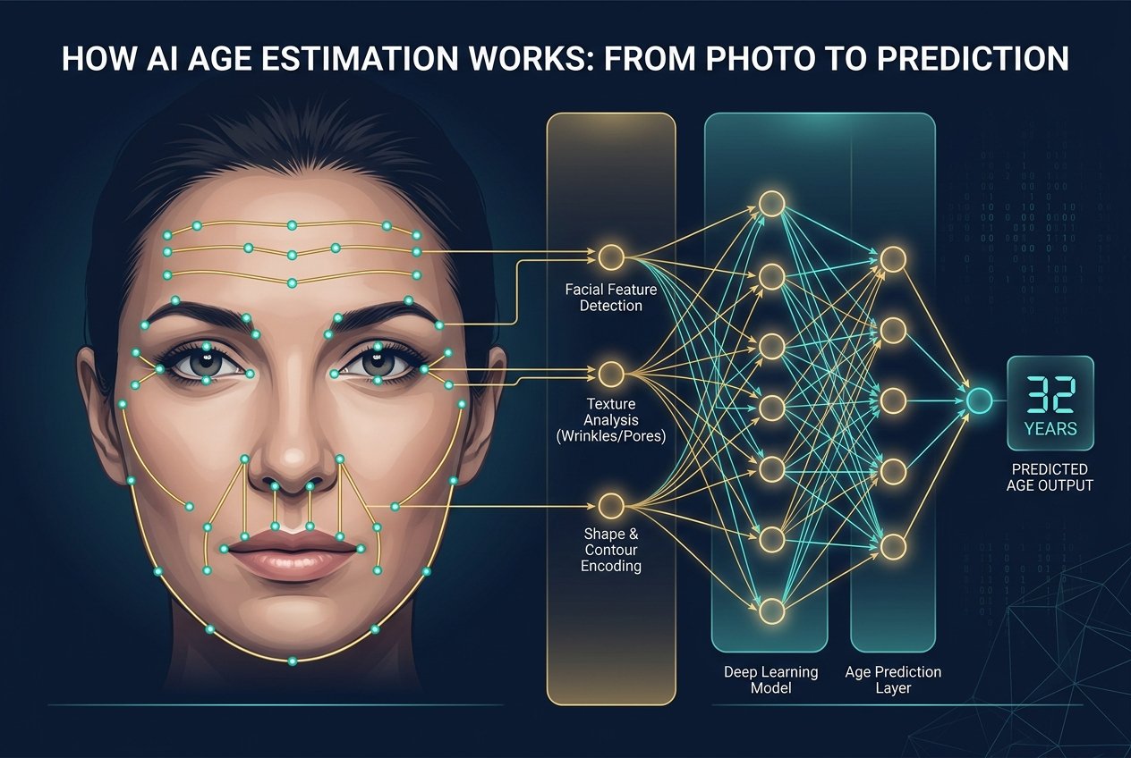 AI age guesser diagram showing facial landmark detection points mapped across forehead wrinkle lines, eye corners, nasolabial folds, and jawline with a neural network processing the data to output an estimated age of 32 years