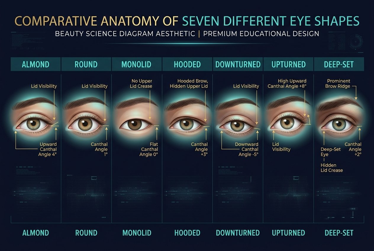 Scientific infographic displaying seven eye shapes side by side: almond, round, monolid, hooded, downturned, upturned, and deep-set eyes, each labelled with teal text and gold canthal tilt measurement lines on a dark navy background