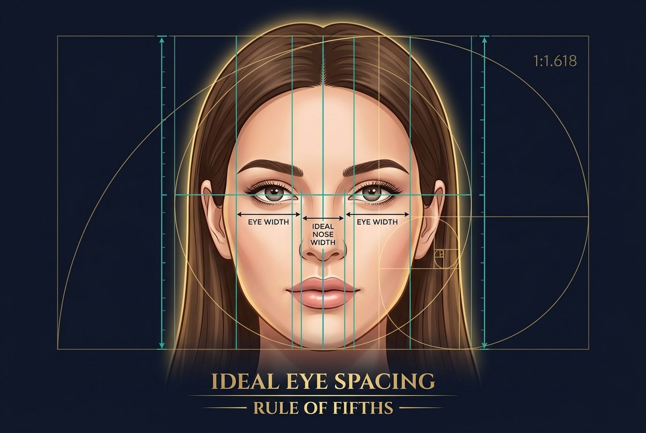 Scientific diagram showing the rule of fifths eye spacing measurement dividing the face into five equal sections with teal measurement lines and gold labels indicating ideal eye spacing proportions