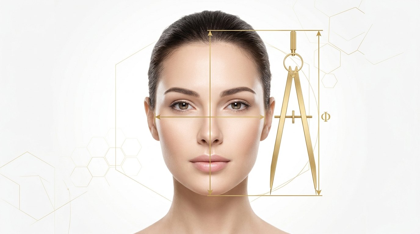 Scientific diagram showing face width-to-height ratio measurement with horizontal line across cheekbones and vertical line from eyebrow midpoint to upper lip, with golden ratio overlay