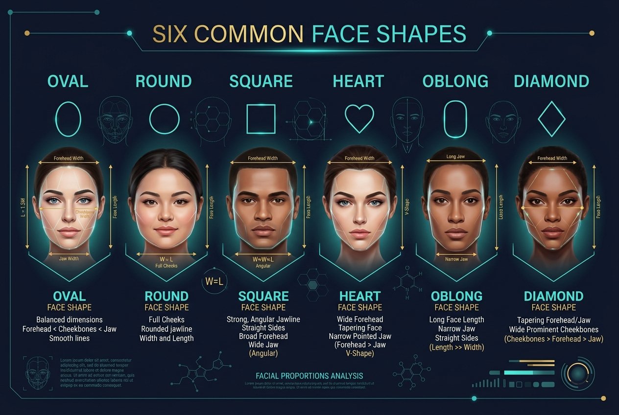 Scientific infographic showing six face shapes side by side: oval, round, square, heart, oblong, and diamond, each outlined as a geometric silhouette with teal labels and gold measurement lines indicating forehead width, cheekbone width, jaw width, and face length