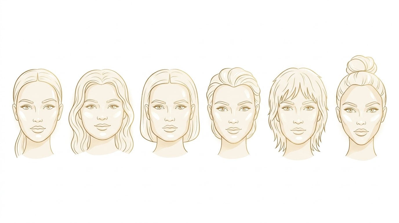 Side-by-side comparison of six face shapes with their fWHR ranges: oval (1.6-1.8), round (1.5-1.7), square (2.0-2.2), heart (1.7-1.9), oblong (1.3-1.6), diamond (1.8-2.0)