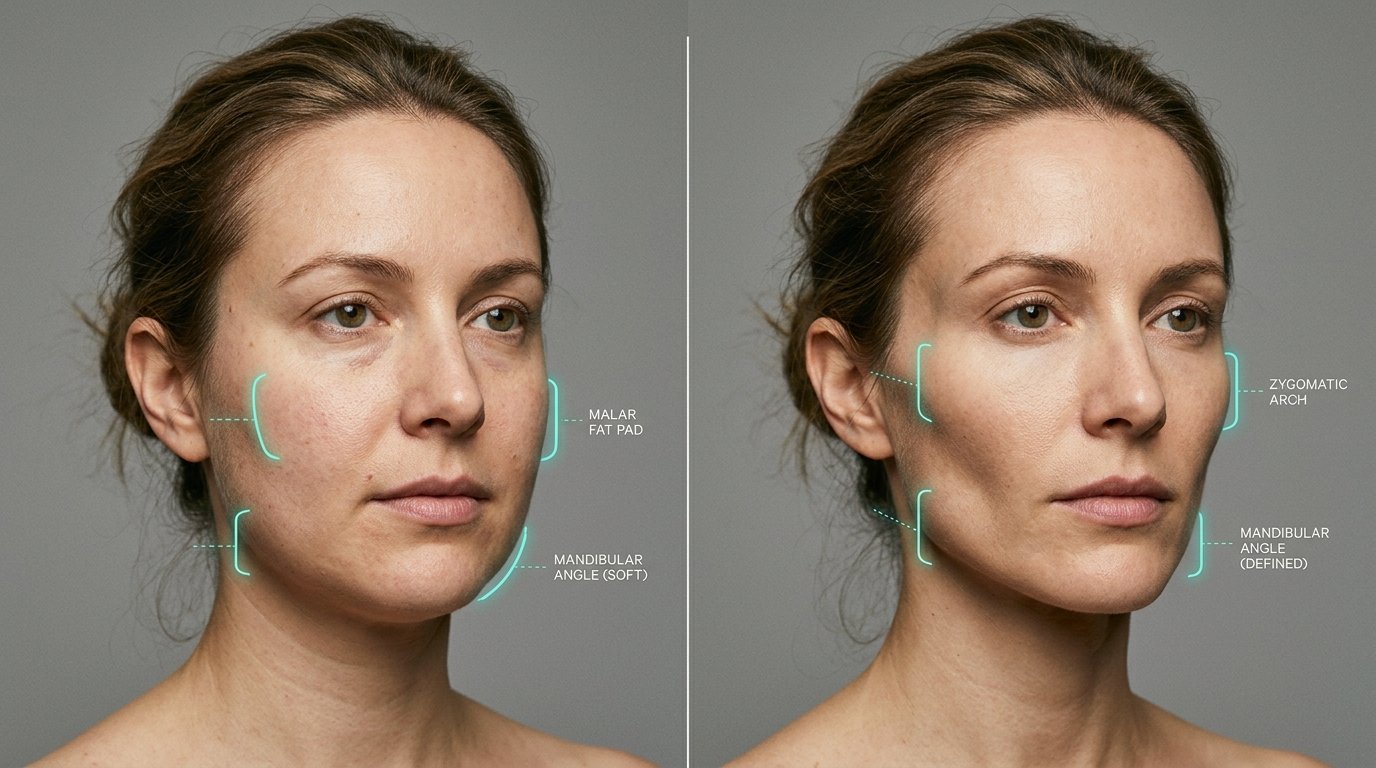 Facial adiposity comparison showing how facial fat affects cheekbone definition and jaw structure