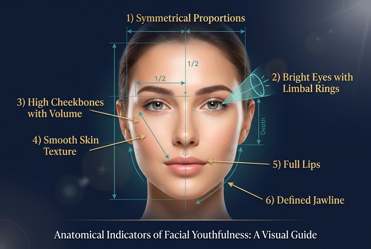 Scientific beauty diagram of a youthful face with labeled arrows identifying youth-signaling features including high cheekbone volume, defined jawline, bright eyes with limbal rings, full lips, even skin texture, and facial symmetry on a dark navy background