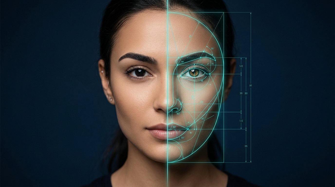 Facial symmetry science illustration showing golden ratio overlay on a face