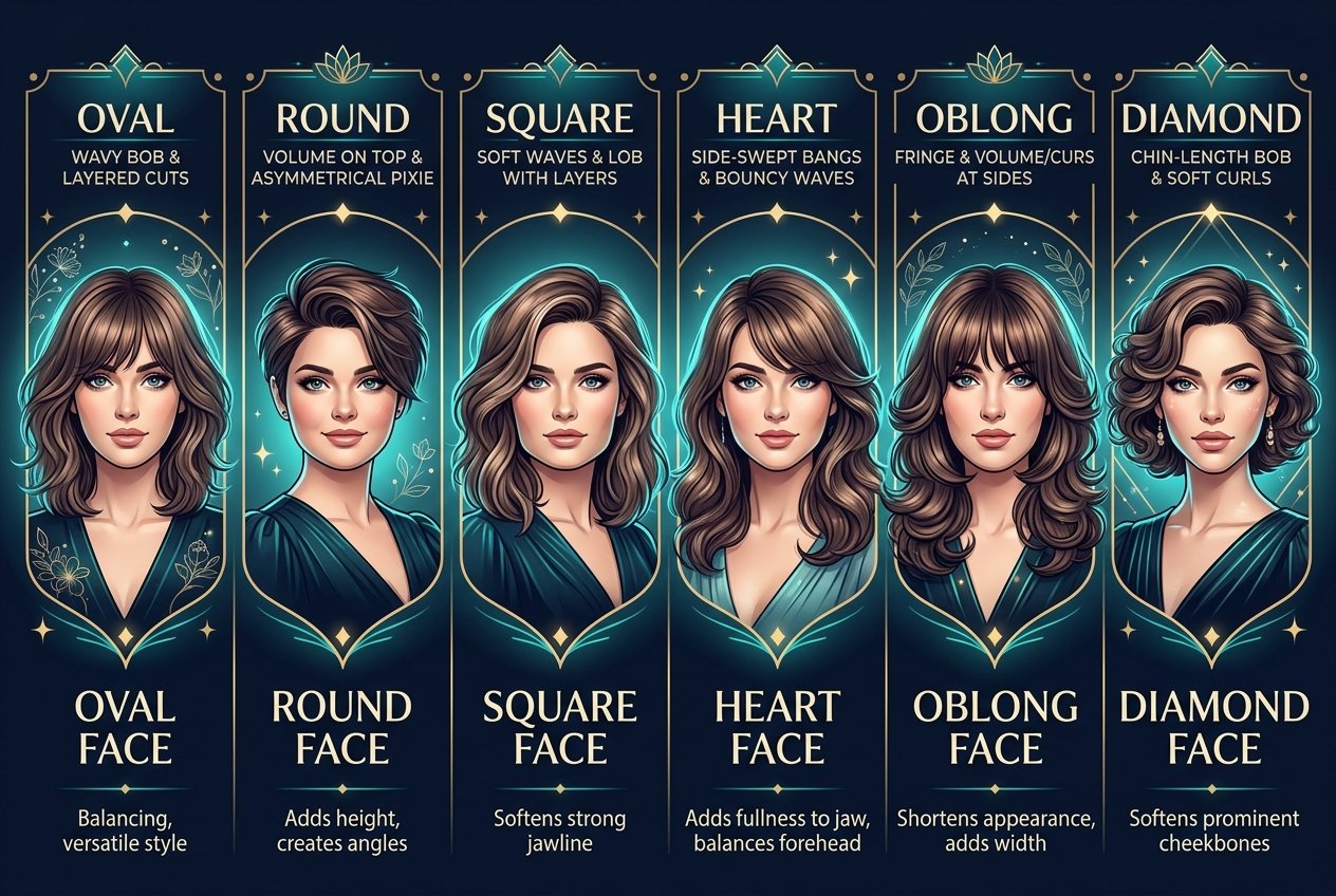 Six illustrated face shapes each showing the most flattering hairstyle including oval round square heart oblong and diamond with proportion guides