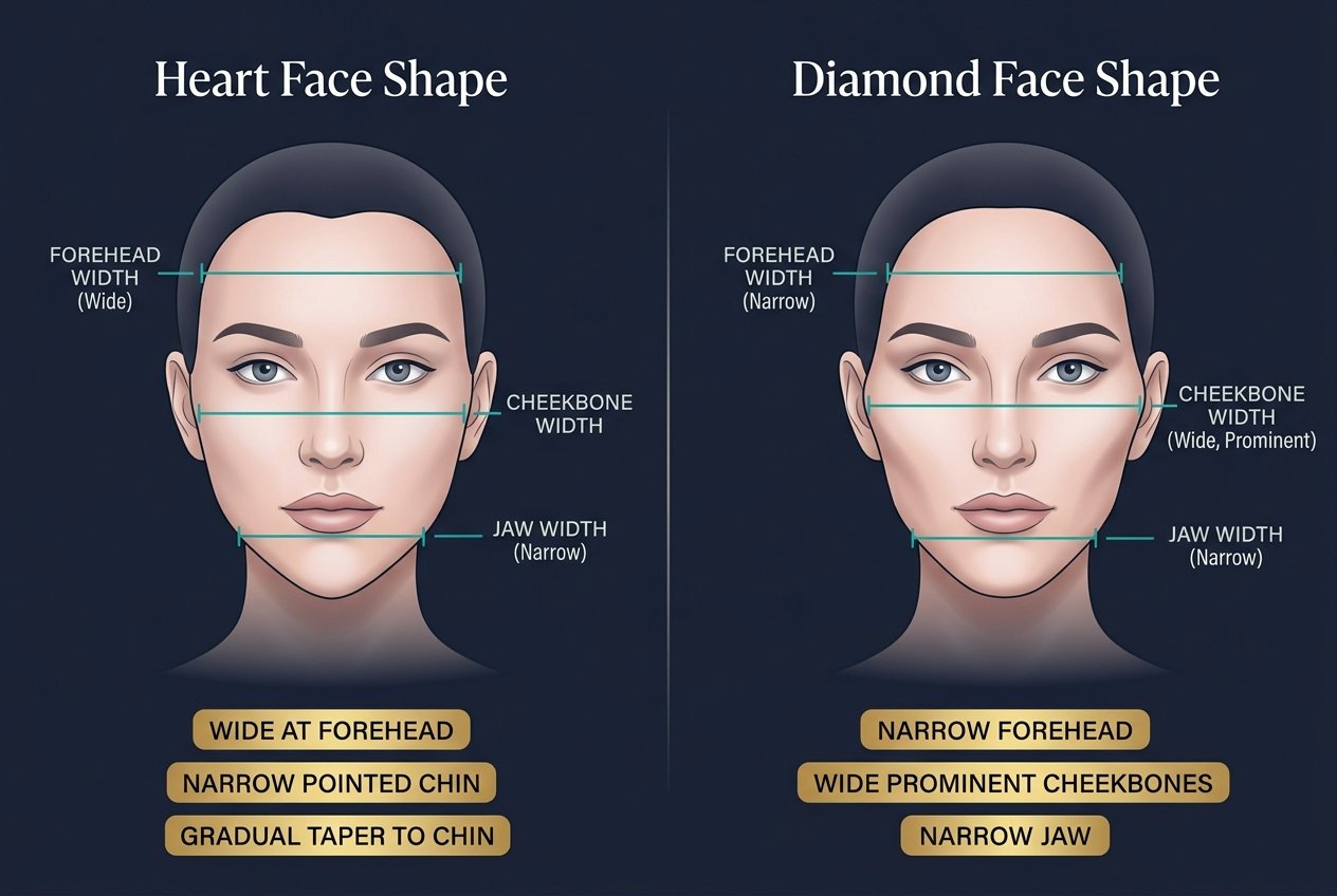 Side-by-side comparison diagram of a heart face shape on the left and a diamond face shape on the right, both shown as geometric silhouettes with teal measurement lines marking forehead width, cheekbone width, and jaw width, on a dark navy background