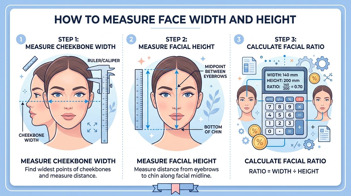 Three-panel infographic showing how to measure face width-to-height ratio: measuring cheekbone width, measuring upper face height, and calculating the fWHR formula