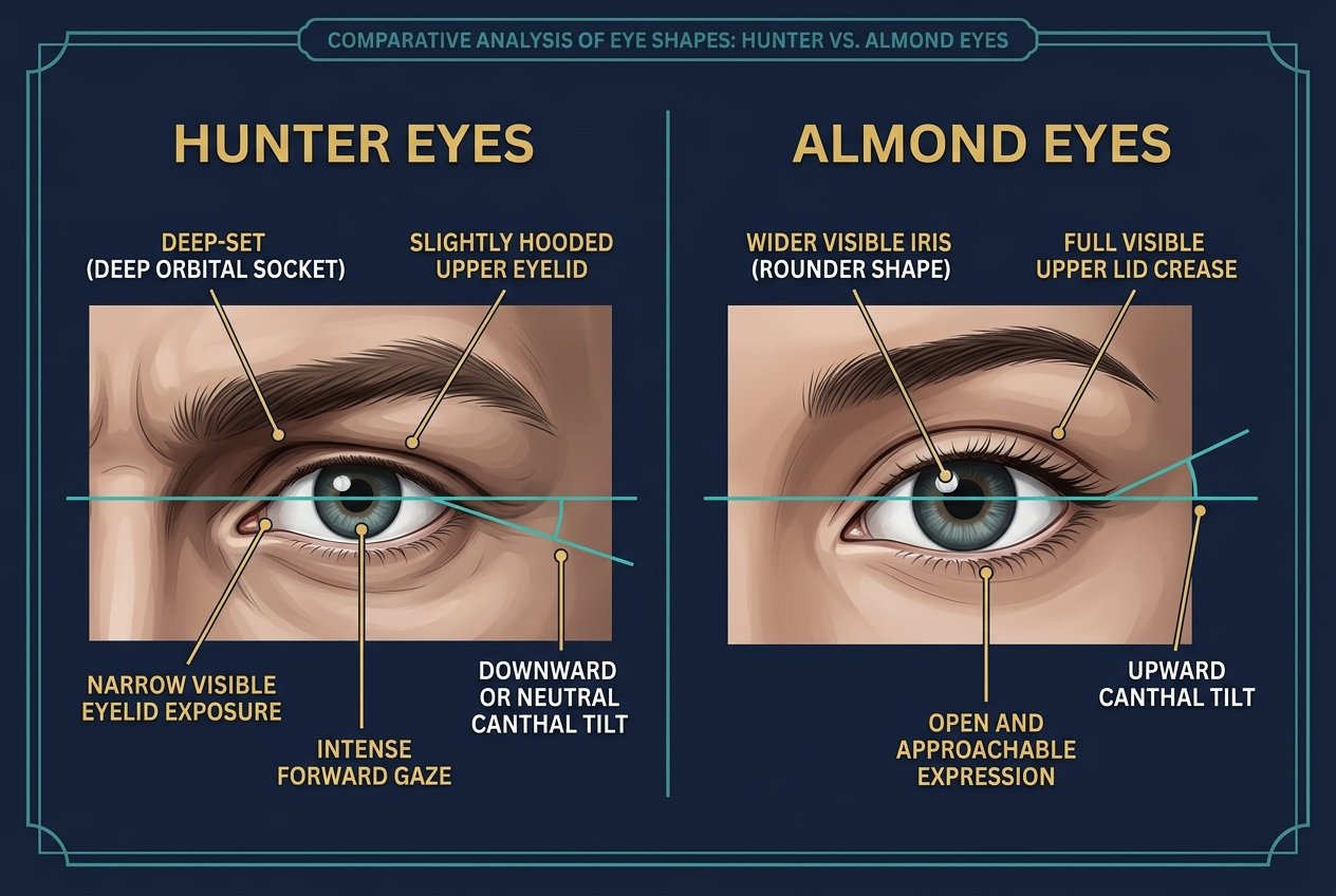Side-by-side scientific diagram comparing hunter eyes with deep orbital setting and neutral canthal tilt versus almond eyes with positive canthal tilt and wider visible iris