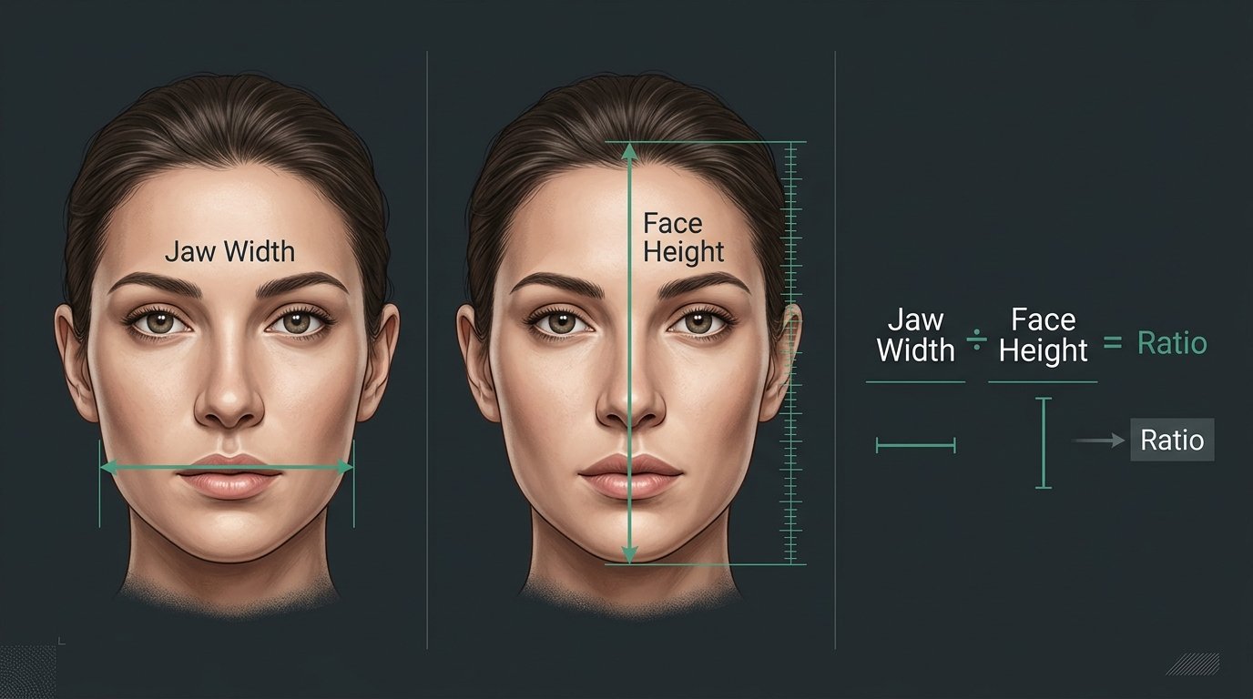 Three-panel diagram showing jaw width measurement, face height measurement, and the resulting jawline-to-face ratio formula