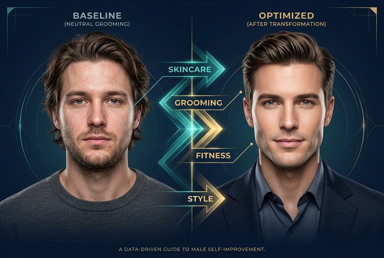 Looksmaxxing transformation infographic showing a split before and after concept with teal improvement arrows and labels for skincare, grooming, fitness, and style improvements on a dark navy background