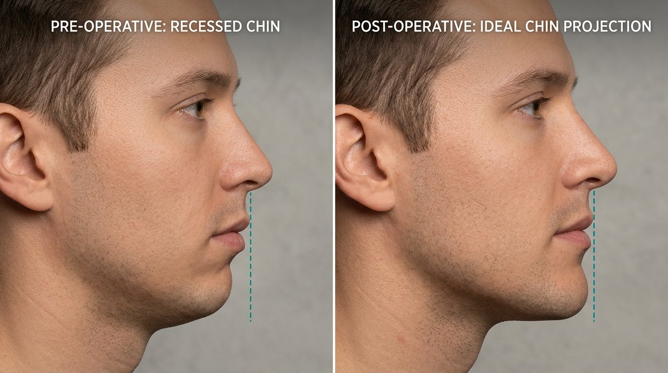 Side profile comparison showing a recessed chin versus ideal chin projection with teal measurement lines